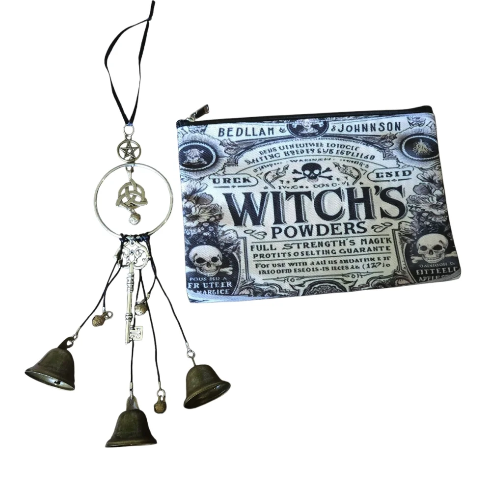 Black and White Witch's Powders Cosmetic Bag with Hanging Bells